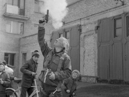 У пожарной части с.Ловозеро. Открытие конкурса профмастерства. 1980-е
